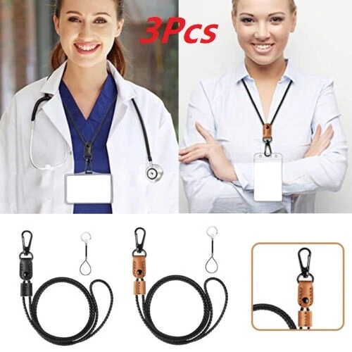 3Pc Handcrafted Weave PU Leather Neck Lanyard With Key Chain Key ID Badge Holder