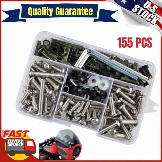 155PCS Motorcycle Shell Fairing Bolt Plate Screws Nut Stainless Steel Thread US