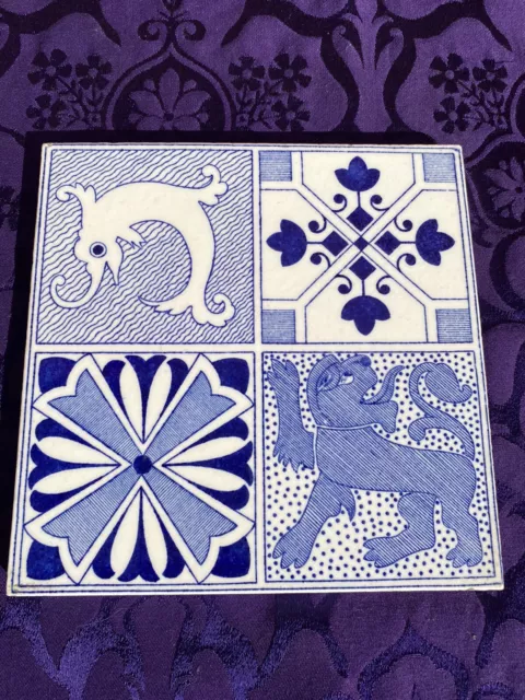 Lovely Stylish Antique Quartered Arts & Crafts Tile Featuring Seahorse, Lion (6)