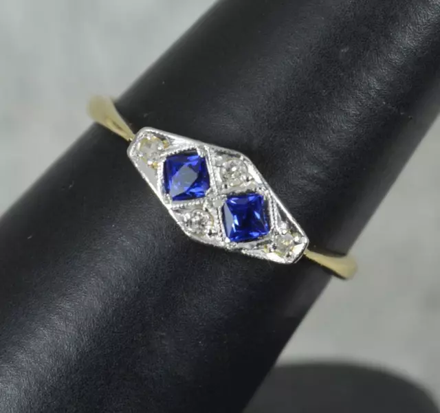 Art Deco French Cut Sapphire and Diamond 18ct Gold Cluster Ring