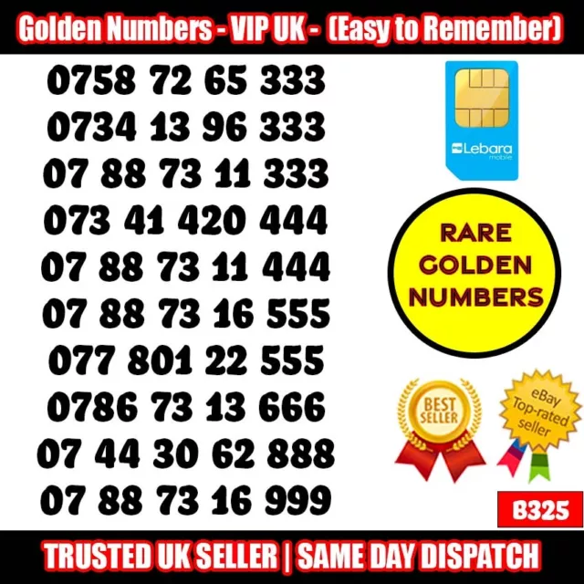 Golden Number VIP UK SIM Card - LOTTO numeri di cellulare facili da ricordare - B325