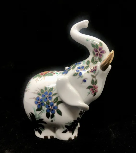 Lenox Princeton Gallery Porcelain Elephant Floral & Gold Accents Trunk Up
