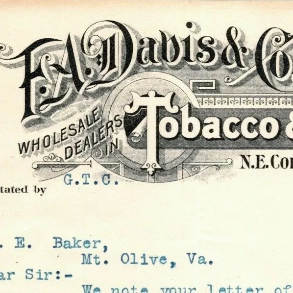 1901 Letterhead F.A. Davis & Co. Tobacco & Cigars Baltimore - Ephraim Baker*