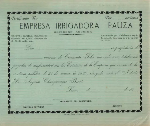 Original Peru 19__ Irrigating Company Empreza Irrigadora Pauza 50 soles unissued