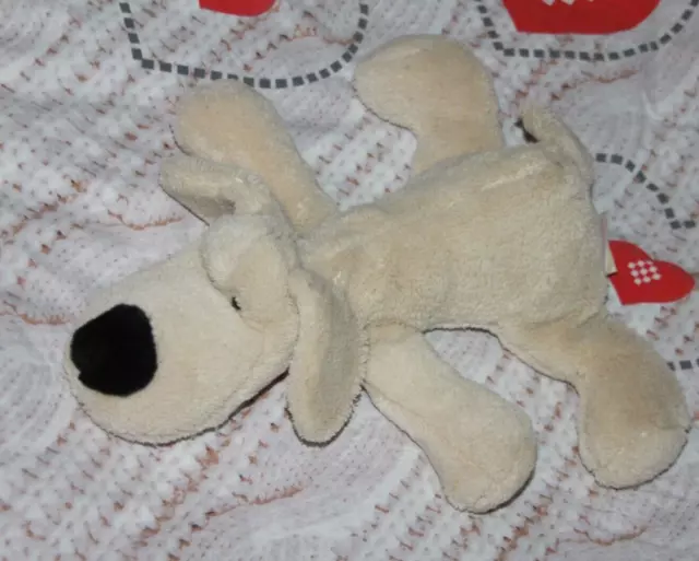 NOUKIES doudou peluche CHIEN BEIGE  ALLONGE TRUFFE NEZ YEUX NOIR 30 cm