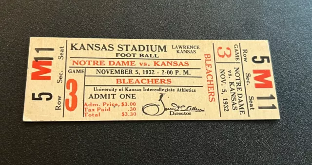1932 Kansas Jayhawks V. Notre Dame Fighting Irish Football Ticket Vintage Old