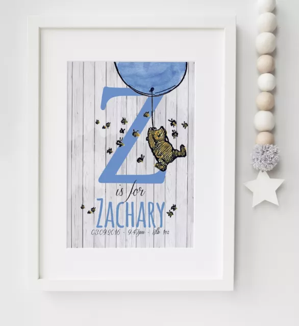 Personalised New Baby/Child Winnie the Pooh Name Birth Print Christening Gift