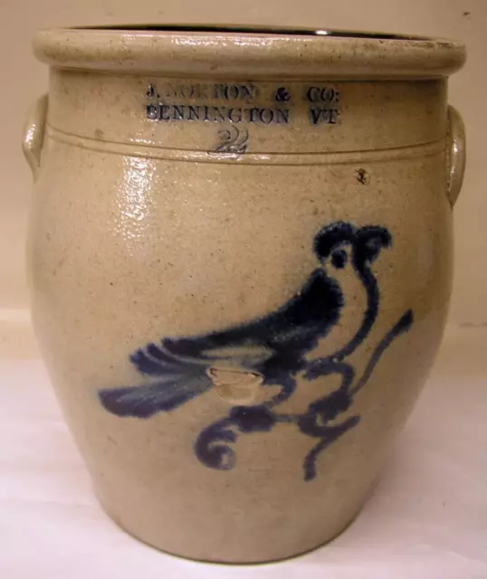 Antique J. Norton & Co. Bennington Vt. 2 Gallon Stoneware Pot Crock W Blue Bird