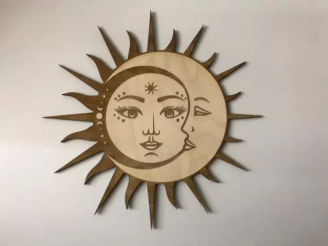 Sun and Moon Face, Laser Cut and Engraved Wood, Decorative Celestial Wall Art