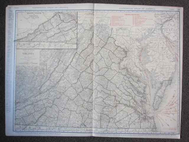 1922 Grand Map ~Virginia~ Major Cities Railways Steamship