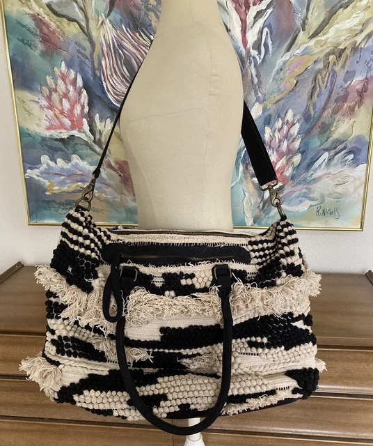 Weekender Bag Duffel Tote Jasper & Jeera Hippie Ethnic XL Black Ivory Fringe