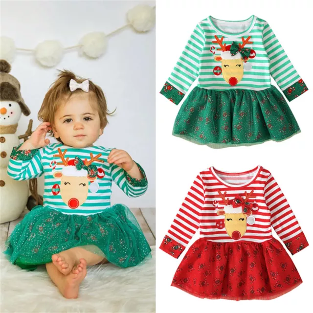 Toddler Infant Kids Baby Girls Christmas Deer Striped Princess Tulle Dress