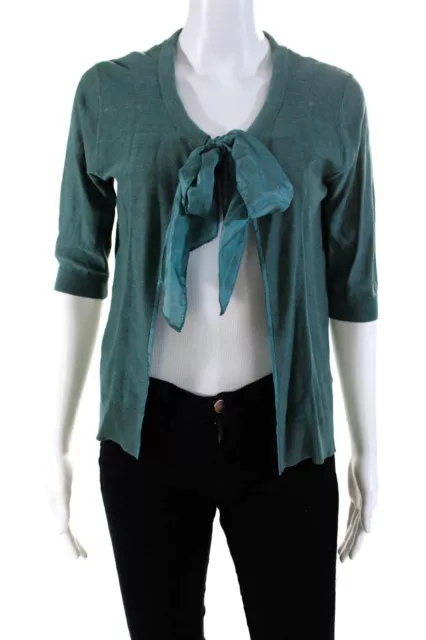 DKNY Womens Silk Tie Neck Knit Sweater Cardigan Pine Green Size PS
