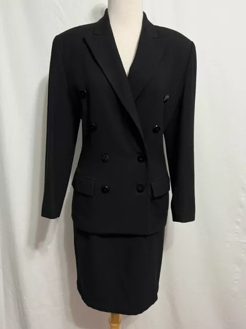 Linda Allard ELLEN TRACY Petite Vintage Double-Breasted Skirt Suit Black Wool 2P