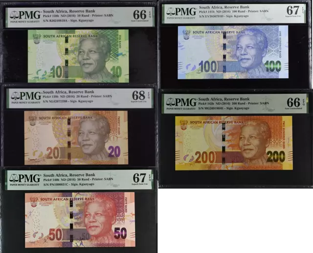 South Africa Set 5; 10 20 50-200 Rand 2016 P138-141 142 Gem UNC PMG 66 67 68 EPQ