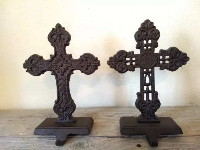 Pair Cast Iron Victorian Gothic Cross Crosses Christmas Stocking Hanger Holders