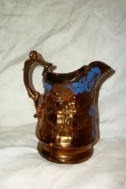 ANTIQUE ENGLISH COPPER LUSTERWARE BALLET PITCHER BAS RELIEF BLUE ALLERTONS 1850s