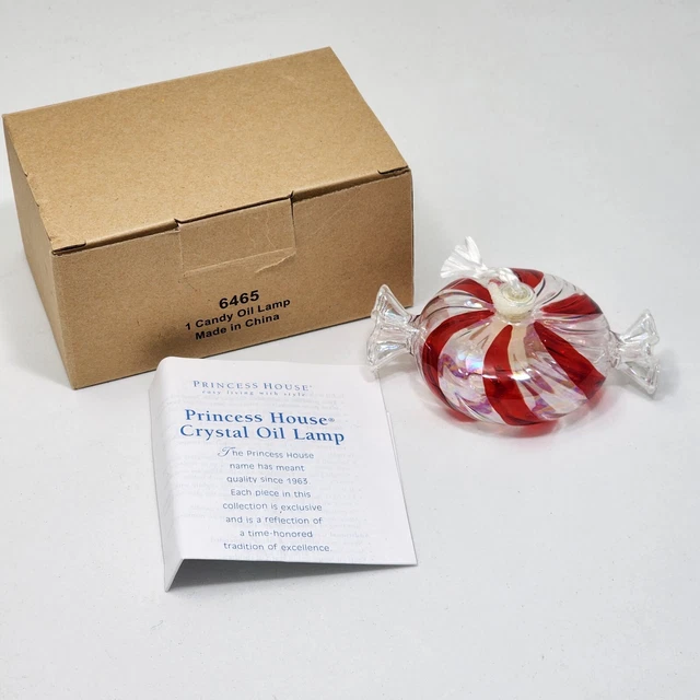 Princess House Crystal Wrapped Candy Oil Lamp Red Striped Blown Glass 6465 New