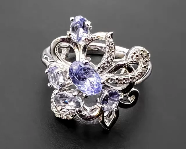Elegant Flower Violet Tanzanite CZ 14K White Gold Plated Sterling Silver Ring