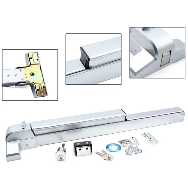 Door Push Bar Panic Exit Device w/ Lock Commercial Emergency Hardware Silver