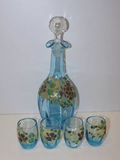 *CARAFE et 4 PETITS VERRES VERRE BLEU EMAIL LEGRAS fleurs émaillées VITRINE  D
