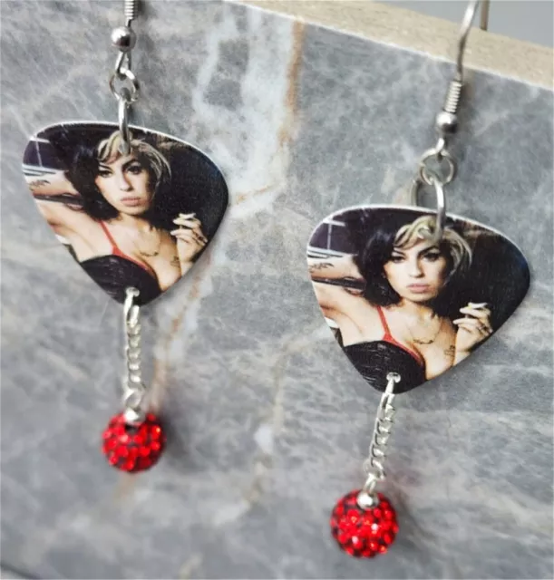 Amy Winehouse Guitar Pick Earrings with Red Pave Bead Dangles 3