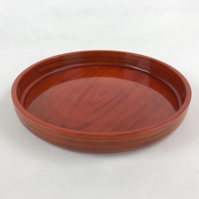 Japanese Lacquered Wooden Serving Tray Vtg Shunkei Obon Brown Round UR890