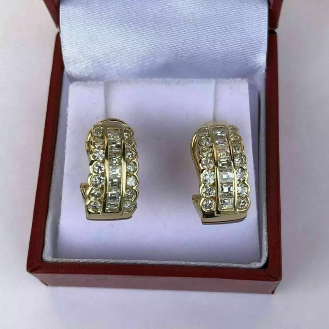 Women's 2Ct Round Baguette Real Moissanite Hoop Earrings 10k Yellow Gold Plated