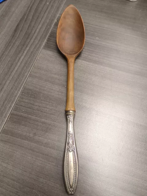 Vintage Sterling Silver Handled Salad Serving Spoon w/ Wood Spoon  11" Long