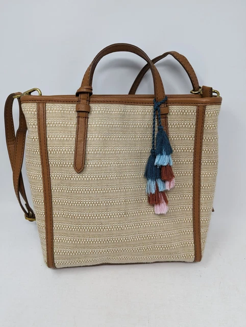 Fossil Camilla Convertible Small Backpack Straw Stripe Tan Purse