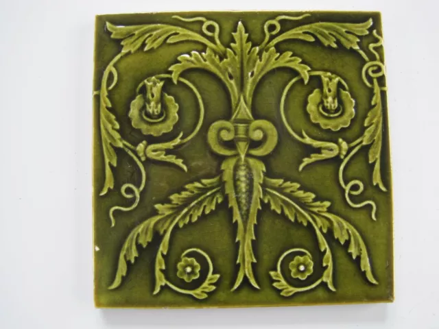Antique 6" Green Majolica Glazed Malkin Edge Art Nouveau Floral Tile - C1901