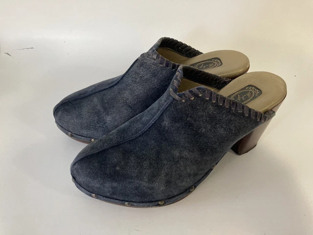 SALPY Women Shoe Clogs Blue Suede Leather Mule Clog Slide Slip On Wood Heel 7.5
