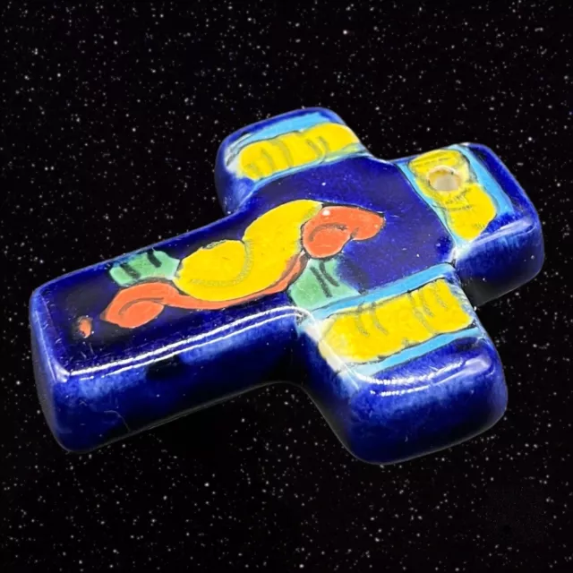 Mexico Folk Art Pottery Cross Tonala Talavera Hand Painted Wall Hanging 2”Wide
