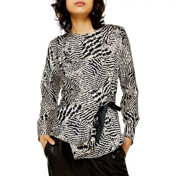 TopShop Womens Black Zebra Blouse $55 Size 4 Animal Print Draped Ribbon Side Tie