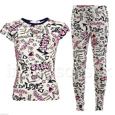 Kids Girls Nuovo Amore Fumetti Graffiti Legging Stampato & T Shirt Top 2 3 4 5 6 anni