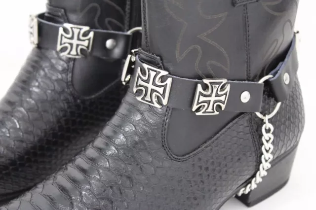 Biker Men Women Boots Pair Straps Silver Chains Black Leather Iron Cross Charms