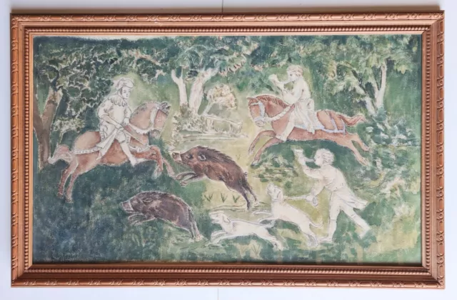 Ancien tableau sur tissu, scène de chasse à courre aux sangliers fin 19ème. .