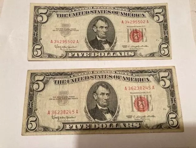 Lot of 2  -  1963 Red Seal $5.00 US Notes / Bills Series Old $5 Bill