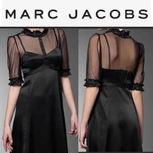 Marc Jacobs Silk Dress Black Sheer Overlay Ruffle Neck Dark Romantic Size 12