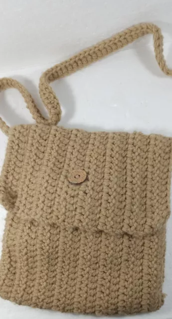 Hand Crocheted Bag Purse Crossbody Light Brown Great Condition 5 Pockets 3