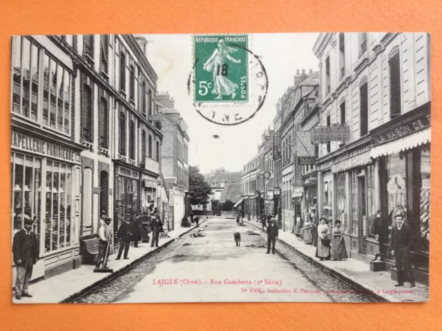 Superbe Carte Postale Ancienne 1900 LAIGLE Orne Rue GAMBETTA Librairie OZANGE