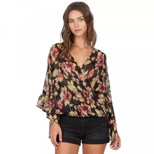 NWT WOMENS VOLCOM RUFFLE FEATHER LONG SLEEVE TOP $45 S black floral shirt