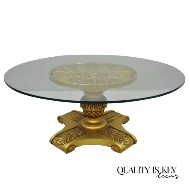 Hollywood Regency Dorothy Draper Style Gold Pedestal Base Glass Top Coffee Table