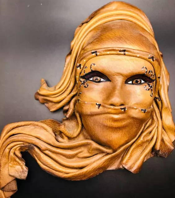 RARE VTG Turkish Hand Crafted Leather Art Mask Ethnic Female Face Wall Decor