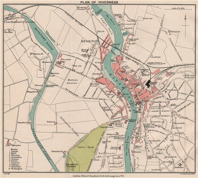 INVERNESS. Vintage town city plan. Scotland. STANFORD 1905 old antique map