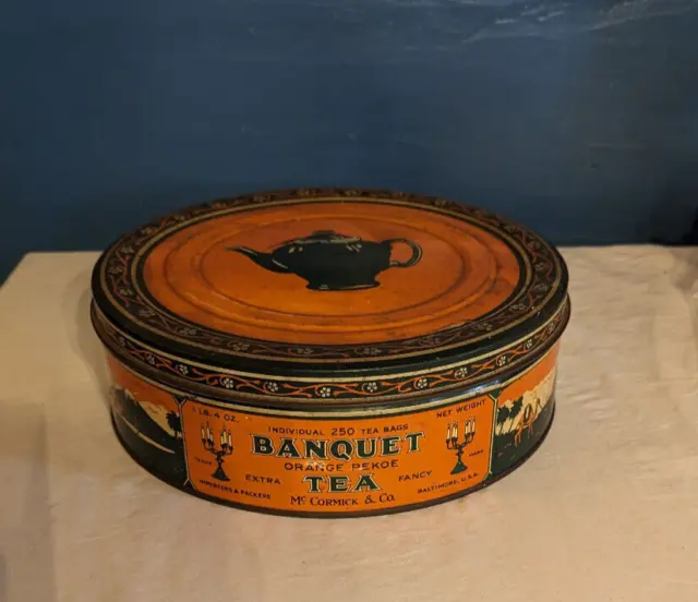 Large 10" Round Vintage McCormick & Co. Banquet Orange Pekoe Tea Tin