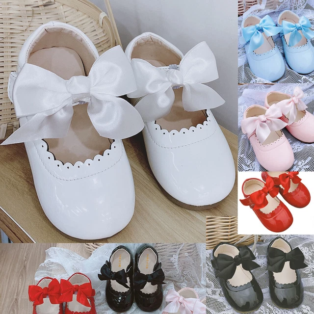 Scarpe Bambino Bambini Bambine Fiocco Spagnolo Matrimonio Piatto Festa Brevettato 4-8