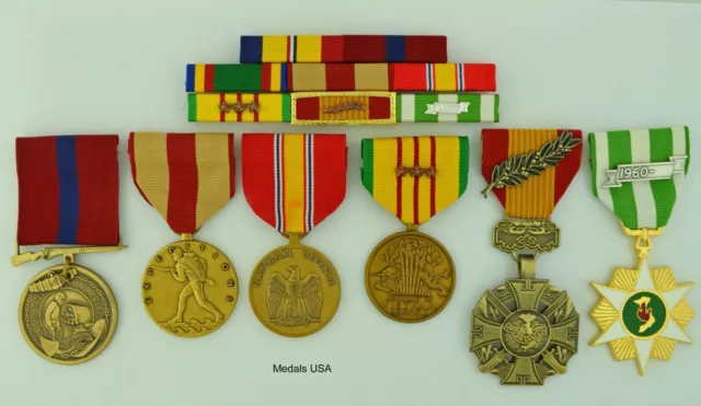 VIETNAM WAR MARINE CORPS 6 MEDALS & MOUNTED 8 RIBBON BAR - made in USA - USMC