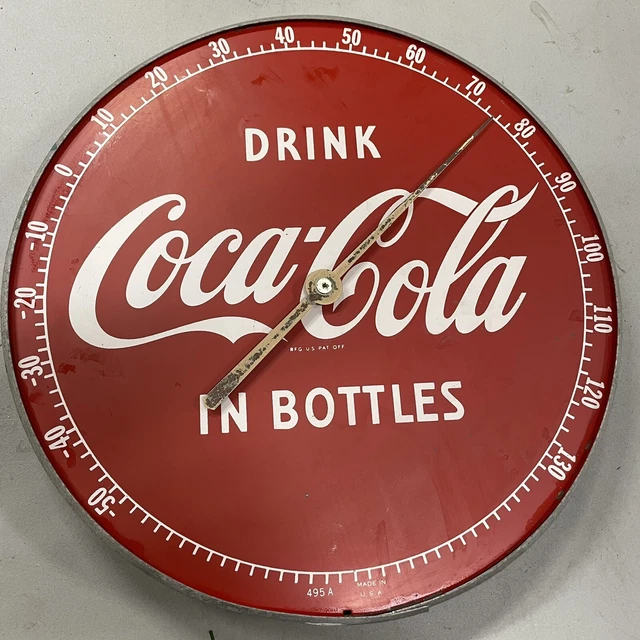 VINTAGE 1950's COCA-COLA DIAL THERMOMETER "DRINK COCA-COLA IN BOTTLES" WORKS -BN