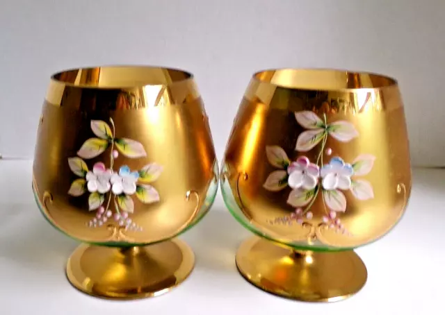 Bohemian Glass  Brandy Snifter Hand Painted Enameled Flowers Gilt Gold, Set of 2